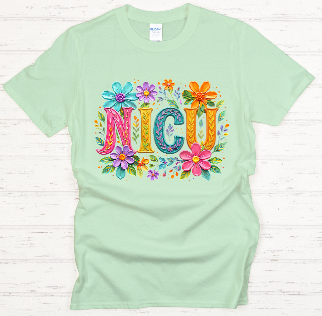 NICU Nurse Floral Lettering Graphic Shirt on Gildan Softstyle Tee