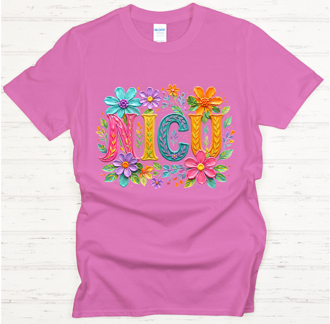 NICU Nurse Floral Lettering Graphic Shirt on Gildan Softstyle Tee
