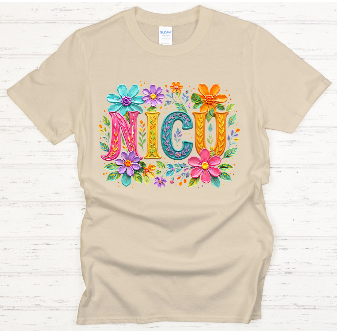 NICU Nurse Floral Lettering Graphic Shirt on Gildan Softstyle Tee