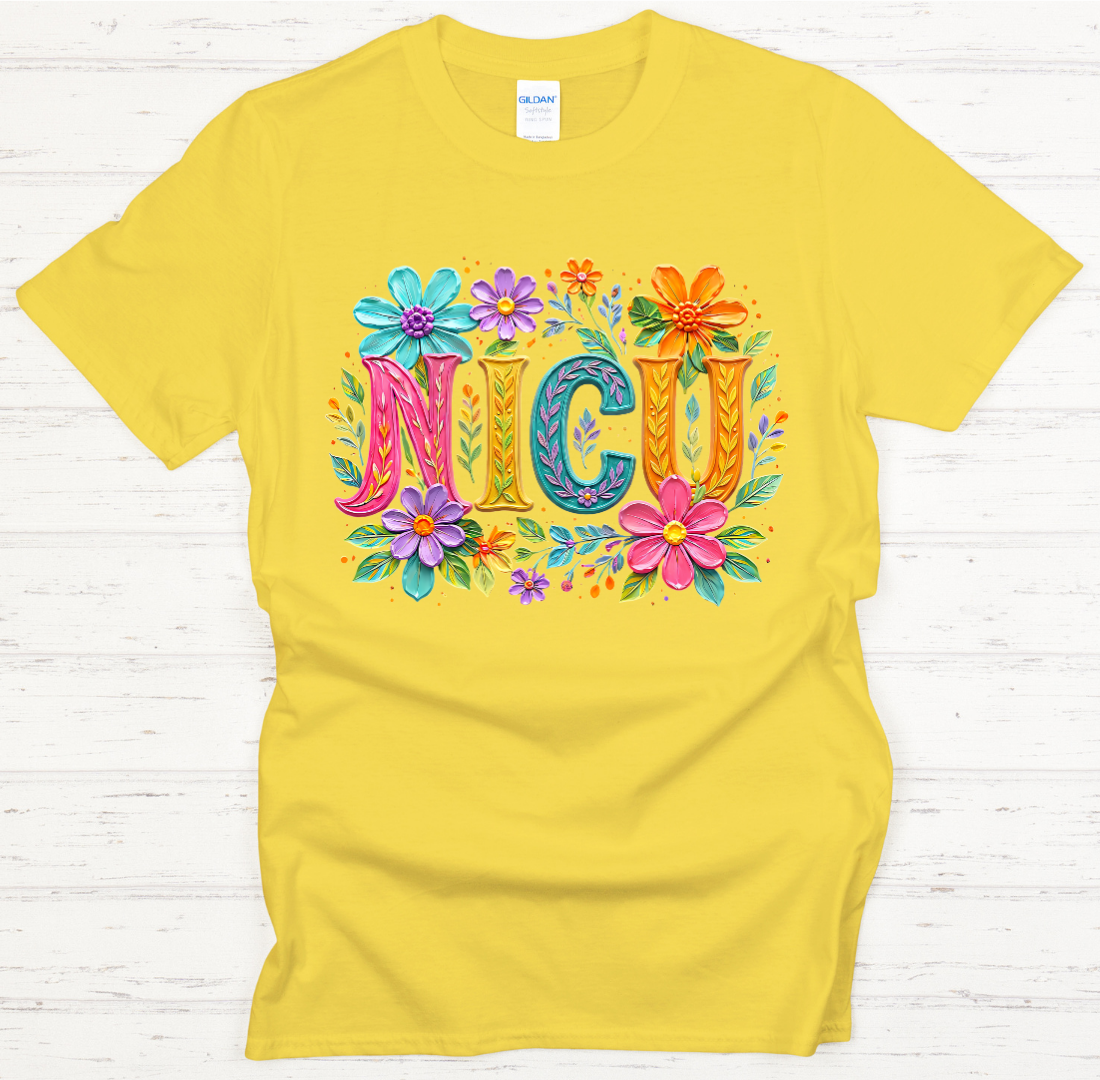 NICU Nurse Floral Lettering Graphic Shirt on Gildan Softstyle Tee