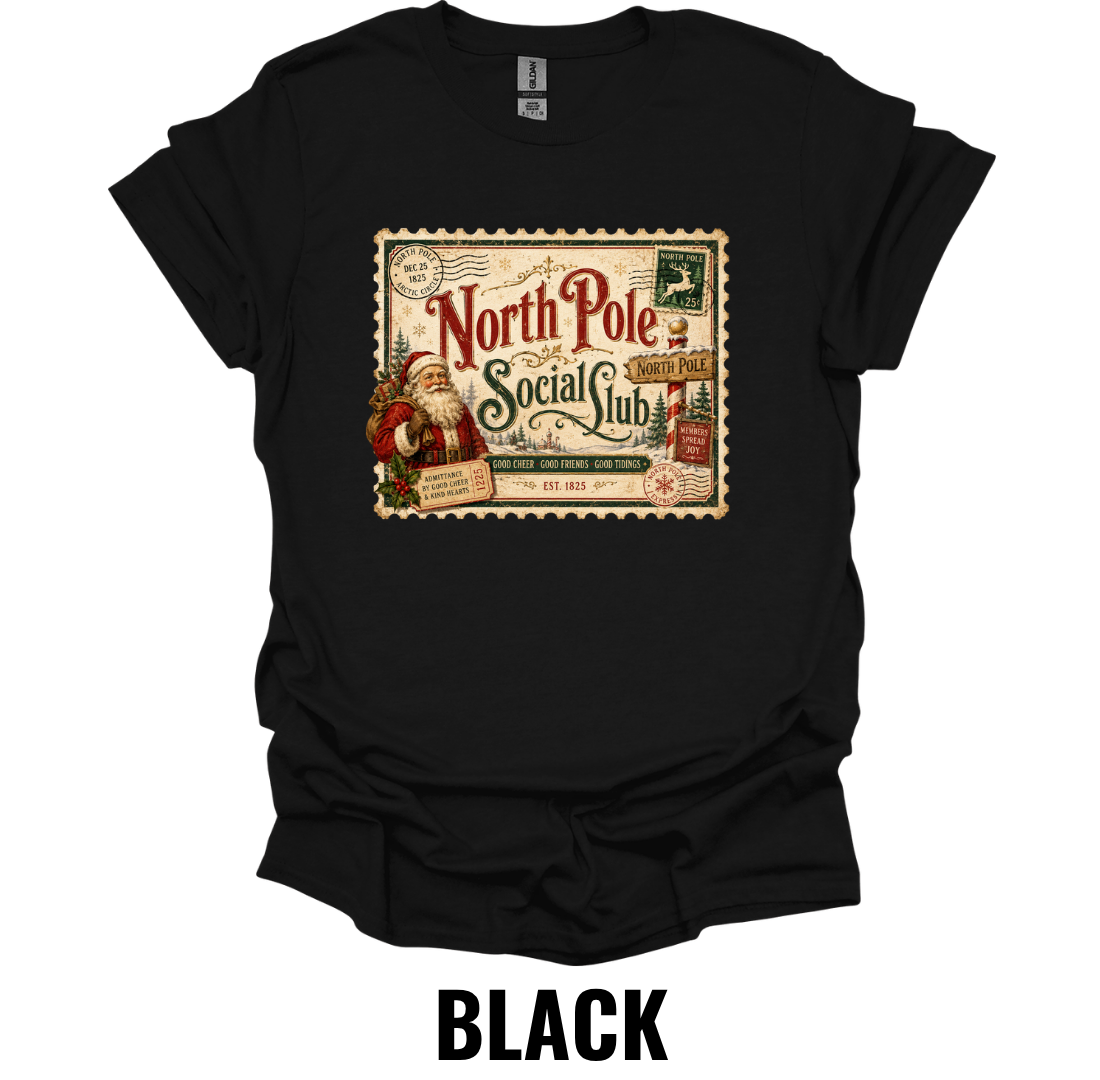 North Pole Social Club T-Shirt – Vintage Christmas Stamp Tee