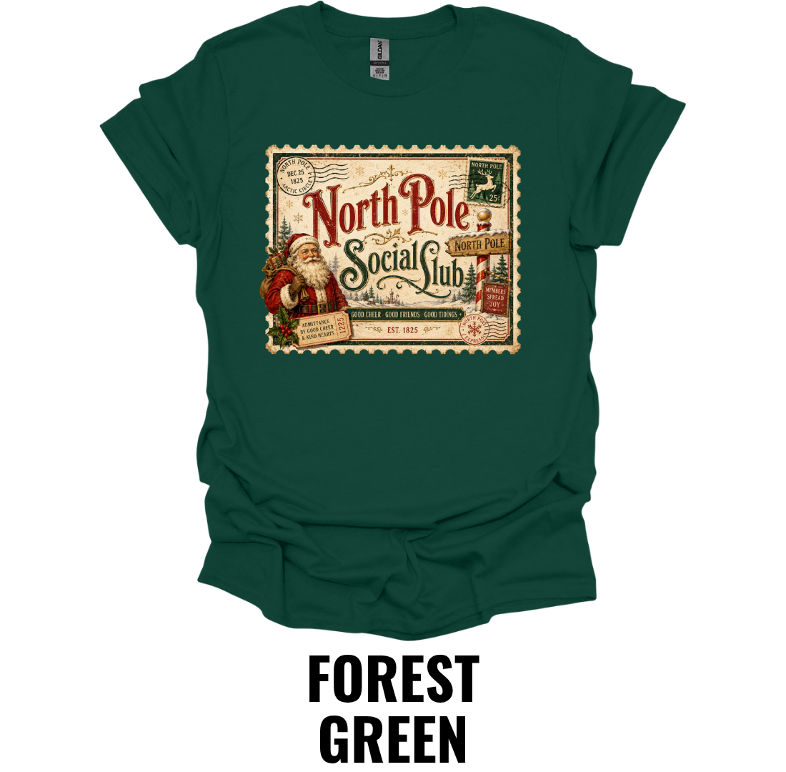 North Pole Social Club T-Shirt – Vintage Christmas Stamp Tee