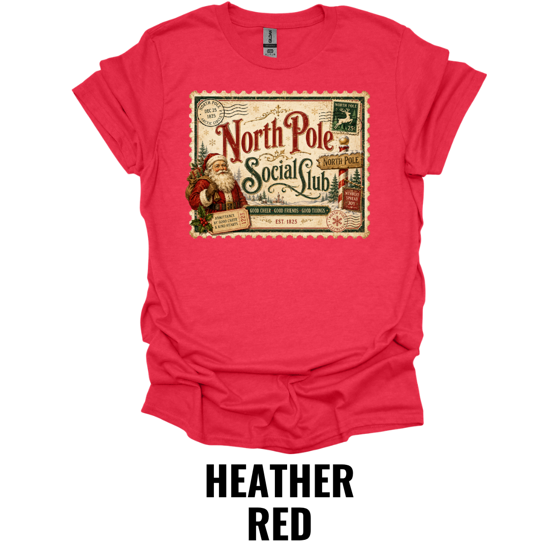 North Pole Social Club T-Shirt – Vintage Christmas Stamp Tee