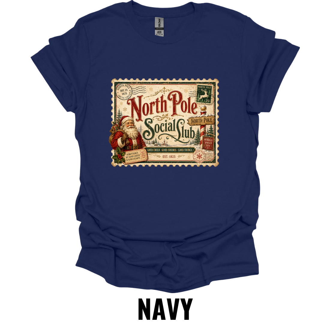 North Pole Social Club T-Shirt – Vintage Christmas Stamp Tee