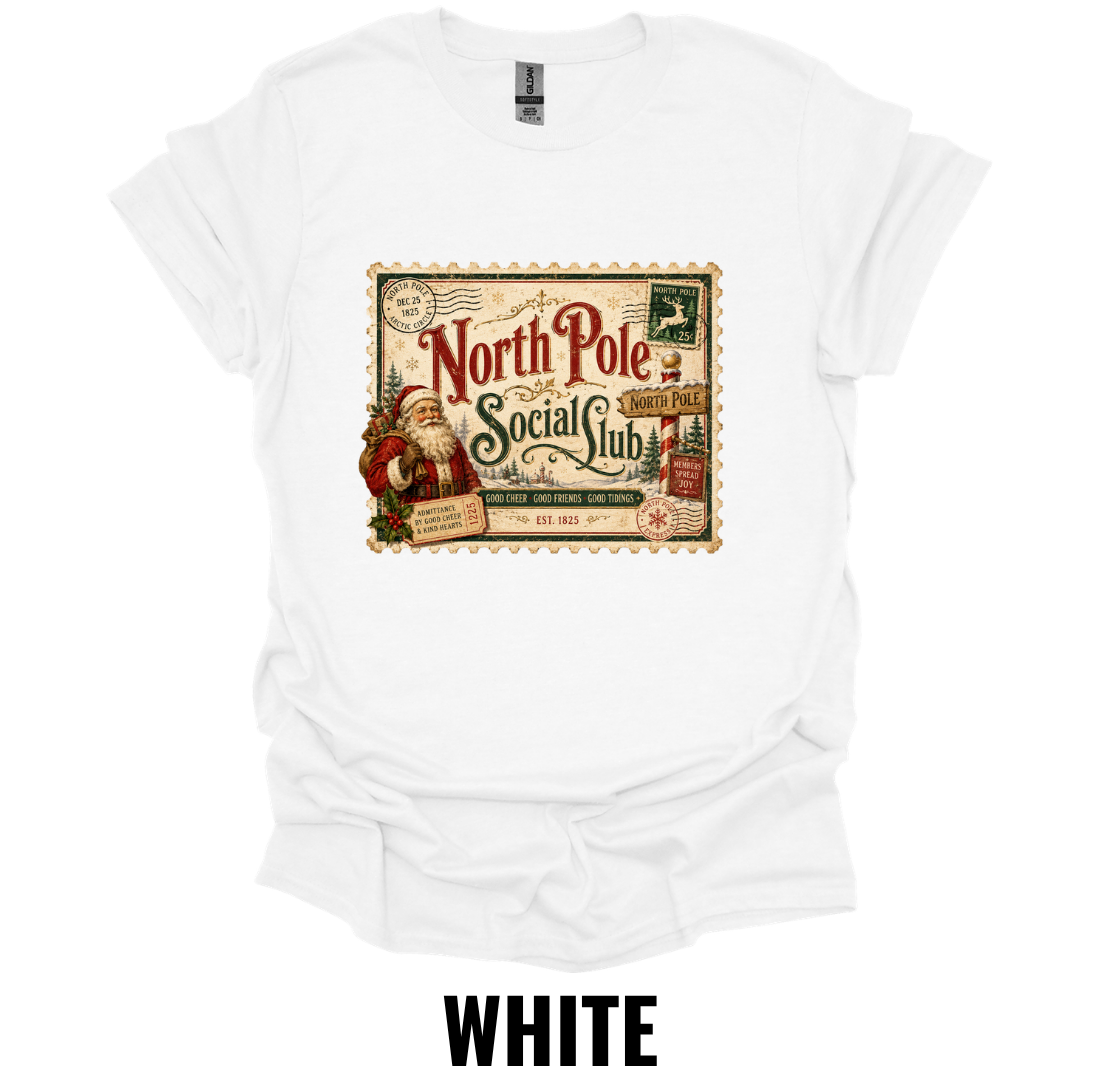 North Pole Social Club T-Shirt – Vintage Christmas Stamp Tee