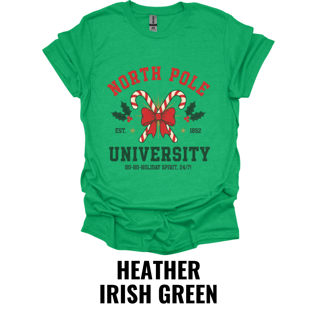 North Pole University Christmas Shirt – Vintage Holiday College Graphic Tee