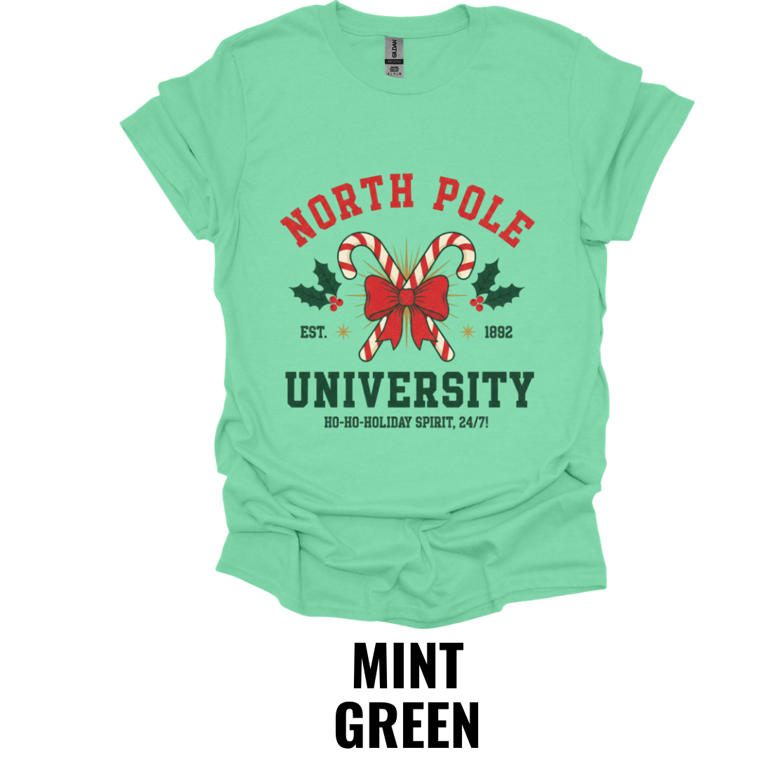 North Pole University Christmas Shirt – Vintage Holiday College Graphic Tee