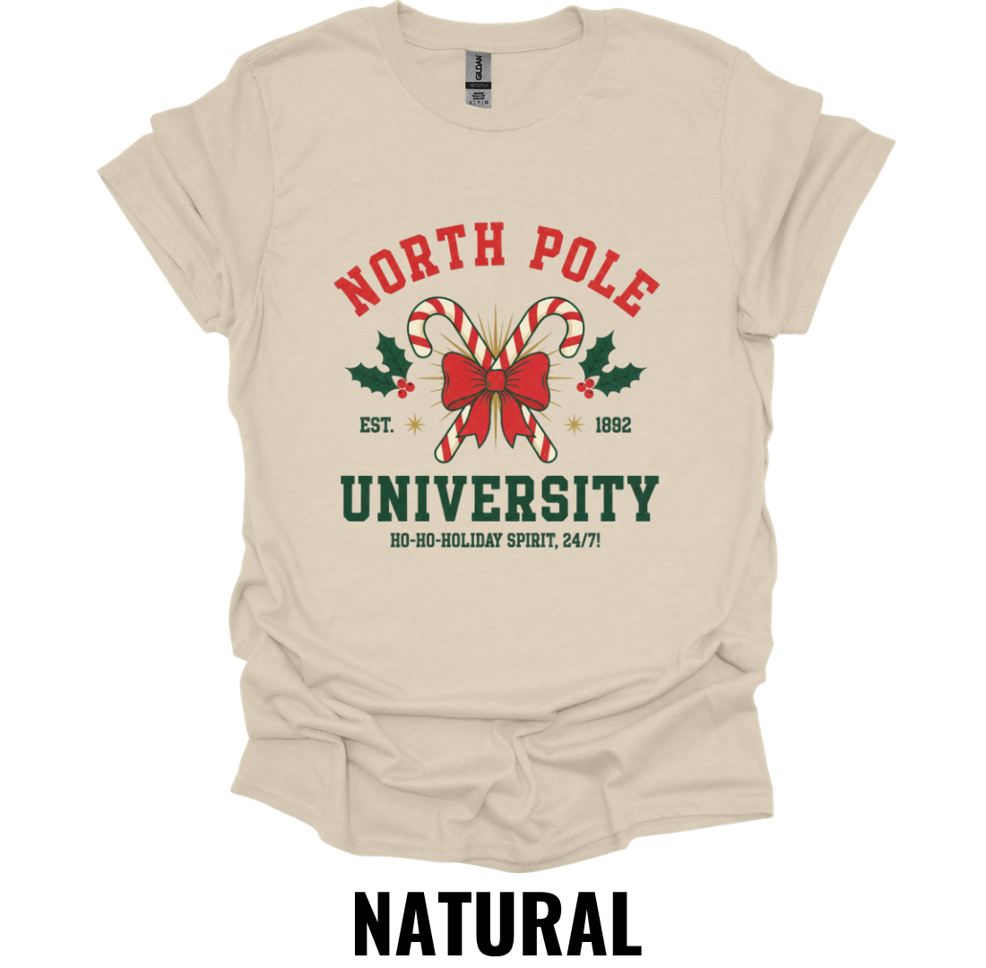 North Pole University Christmas Shirt – Vintage Holiday College Graphic Tee
