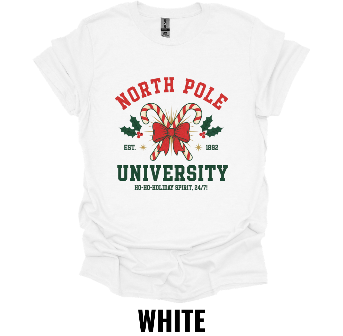 North Pole University Christmas Shirt – Vintage Holiday College Graphic Tee