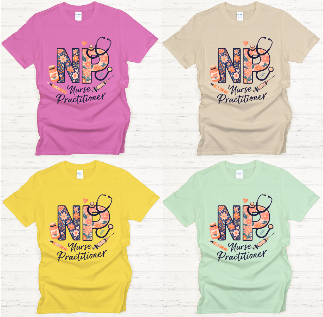 NP Nurse Practitioner Floral Medical Graphic Shirt on Gildan Softstyle Tee