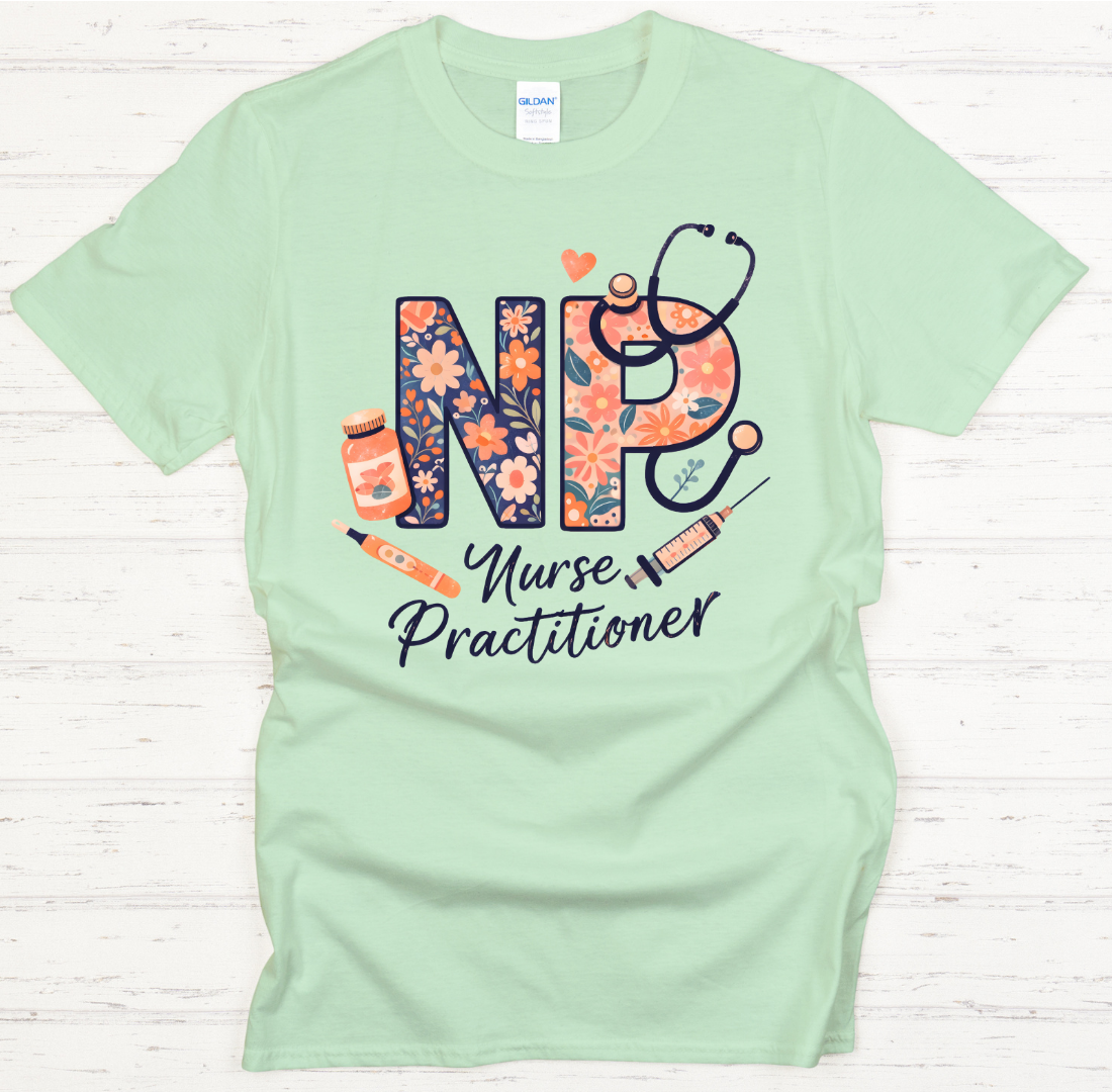 NP Nurse Practitioner Floral Medical Graphic Shirt on Gildan Softstyle Tee