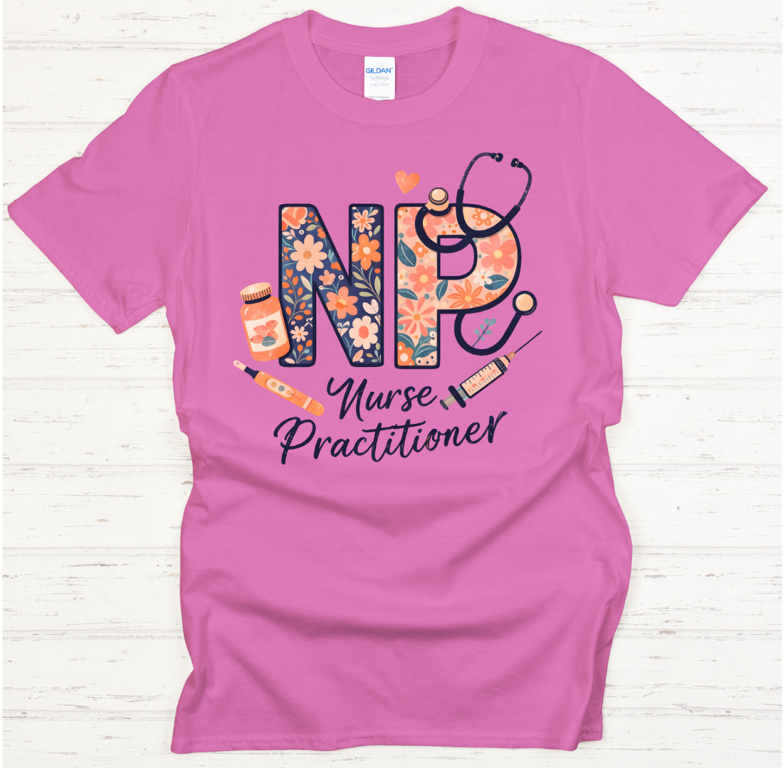 NP Nurse Practitioner Floral Medical Graphic Shirt on Gildan Softstyle Tee