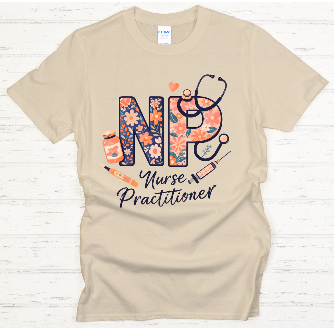 NP Nurse Practitioner Floral Medical Graphic Shirt on Gildan Softstyle Tee