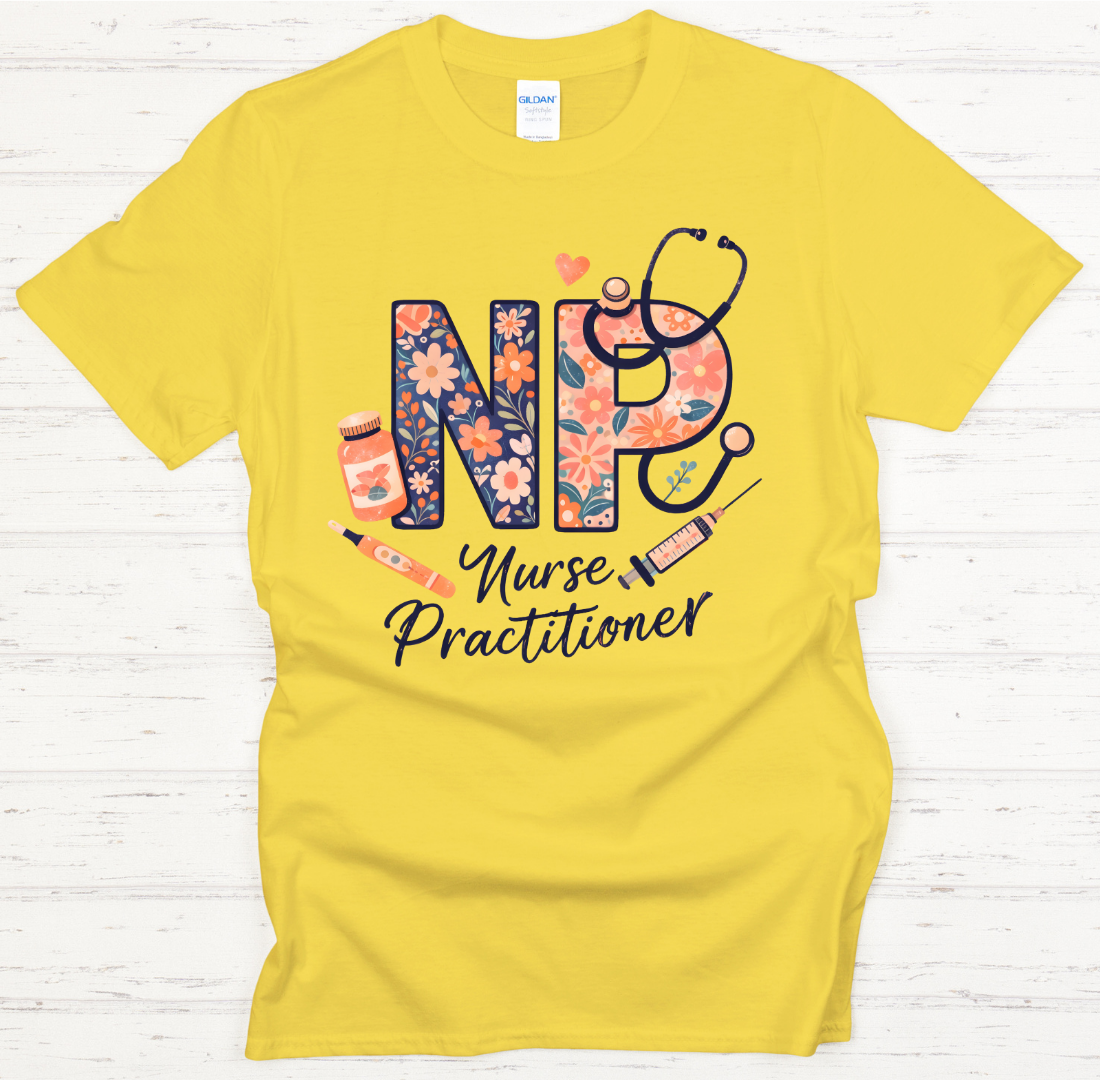NP Nurse Practitioner Floral Medical Graphic Shirt on Gildan Softstyle Tee