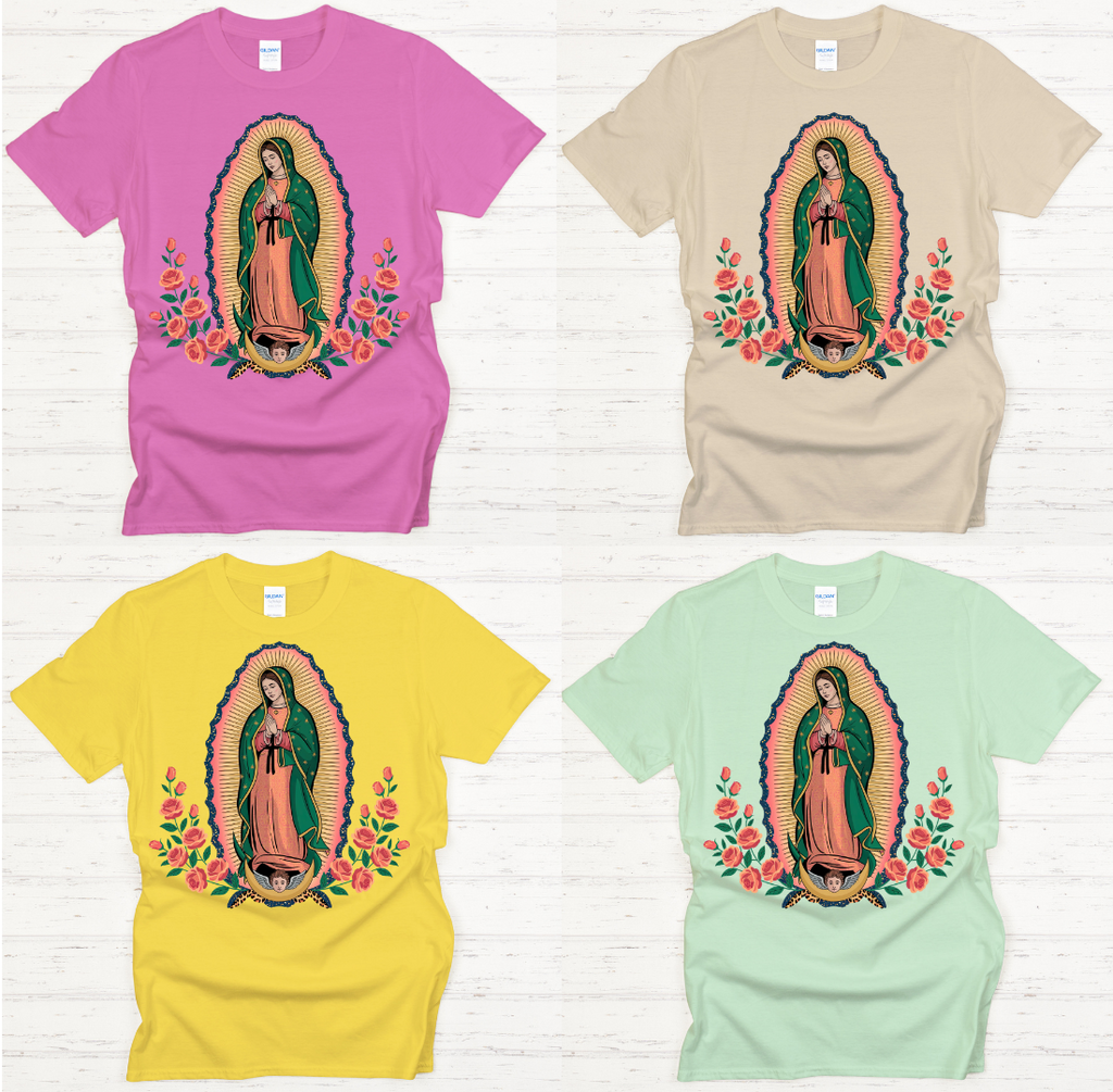 Our Lady of Guadalupe Floral Catholic Graphic Shirt on Gildan Softstyle Tee