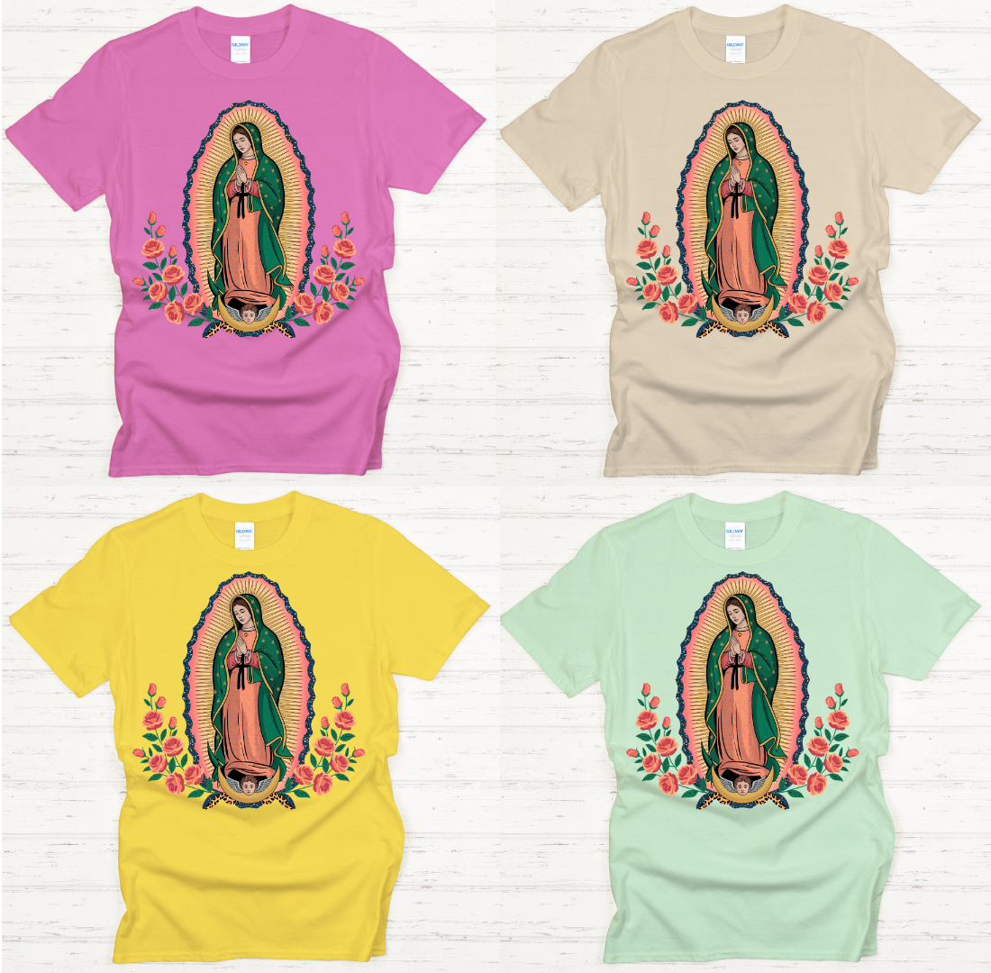 Our Lady of Guadalupe Floral Catholic Graphic Shirt on Gildan Softstyle Tee