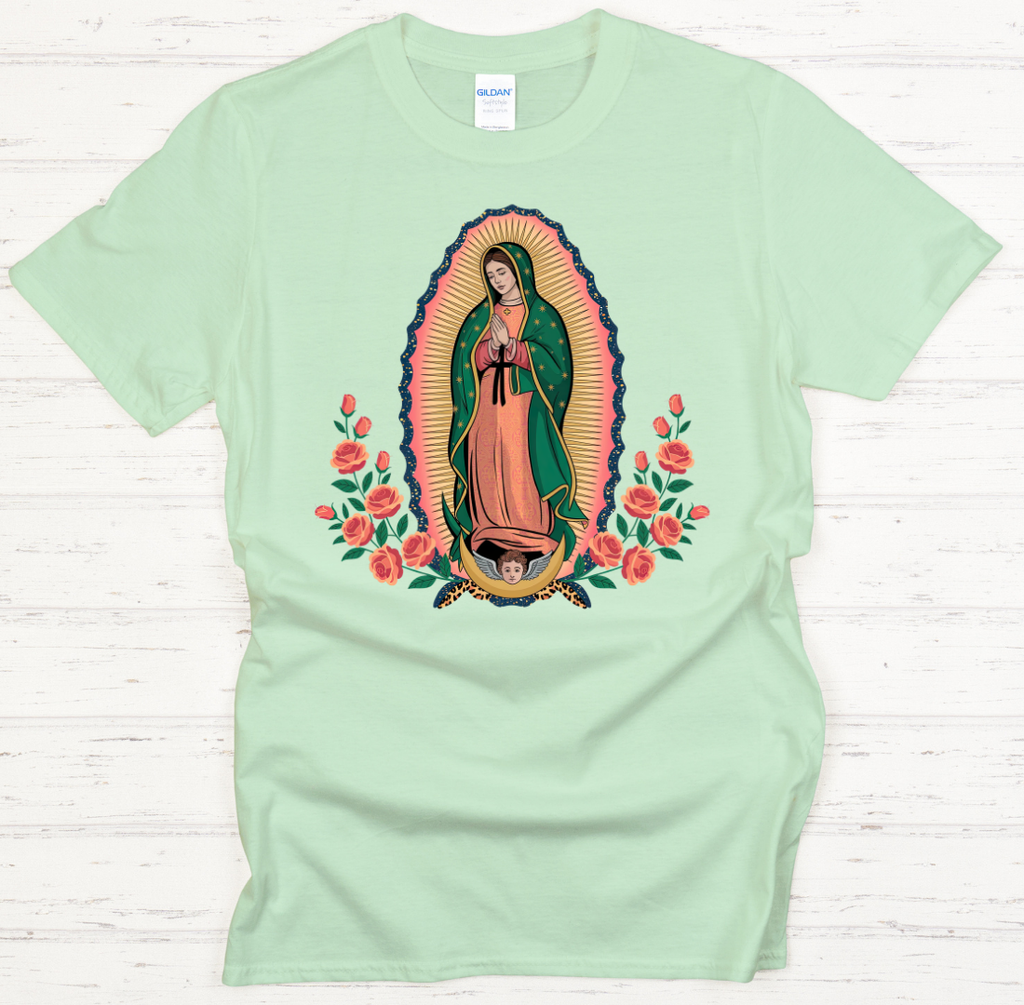 Our Lady of Guadalupe Floral Catholic Graphic Shirt on Gildan Softstyle Tee
