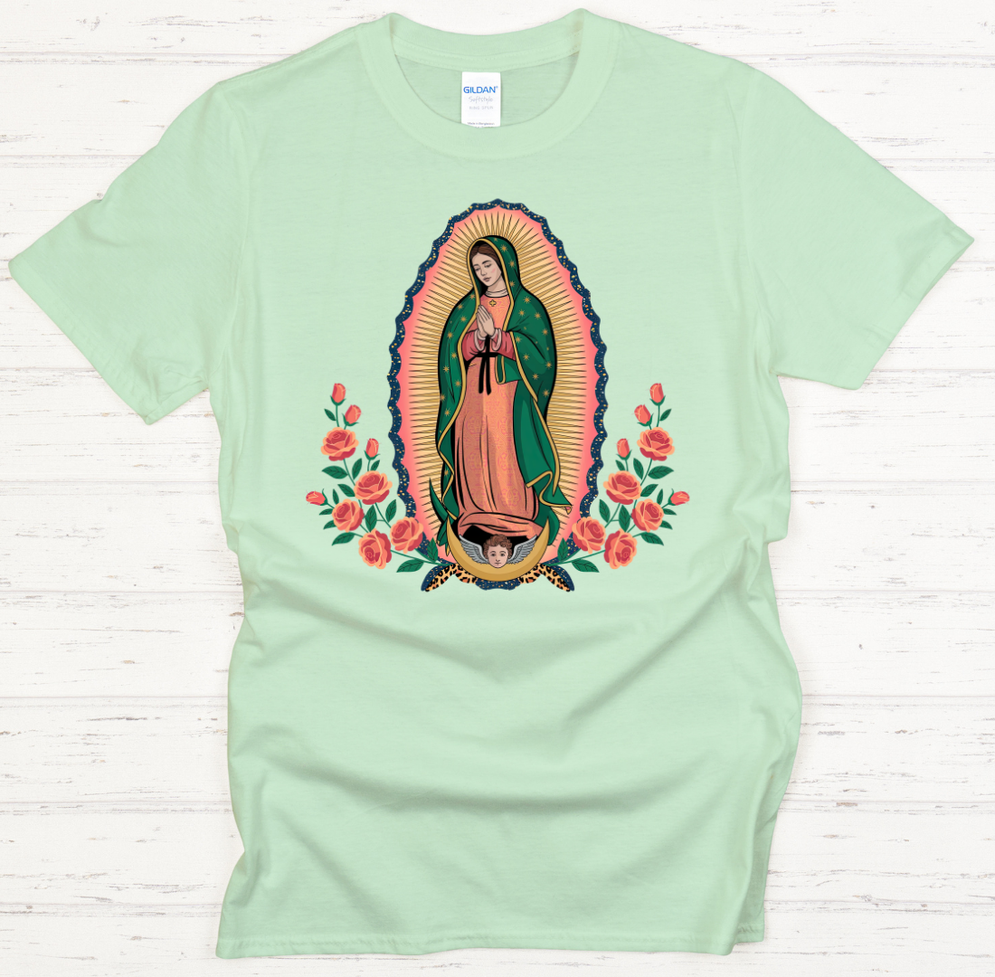 Our Lady of Guadalupe Floral Catholic Graphic Shirt on Gildan Softstyle Tee