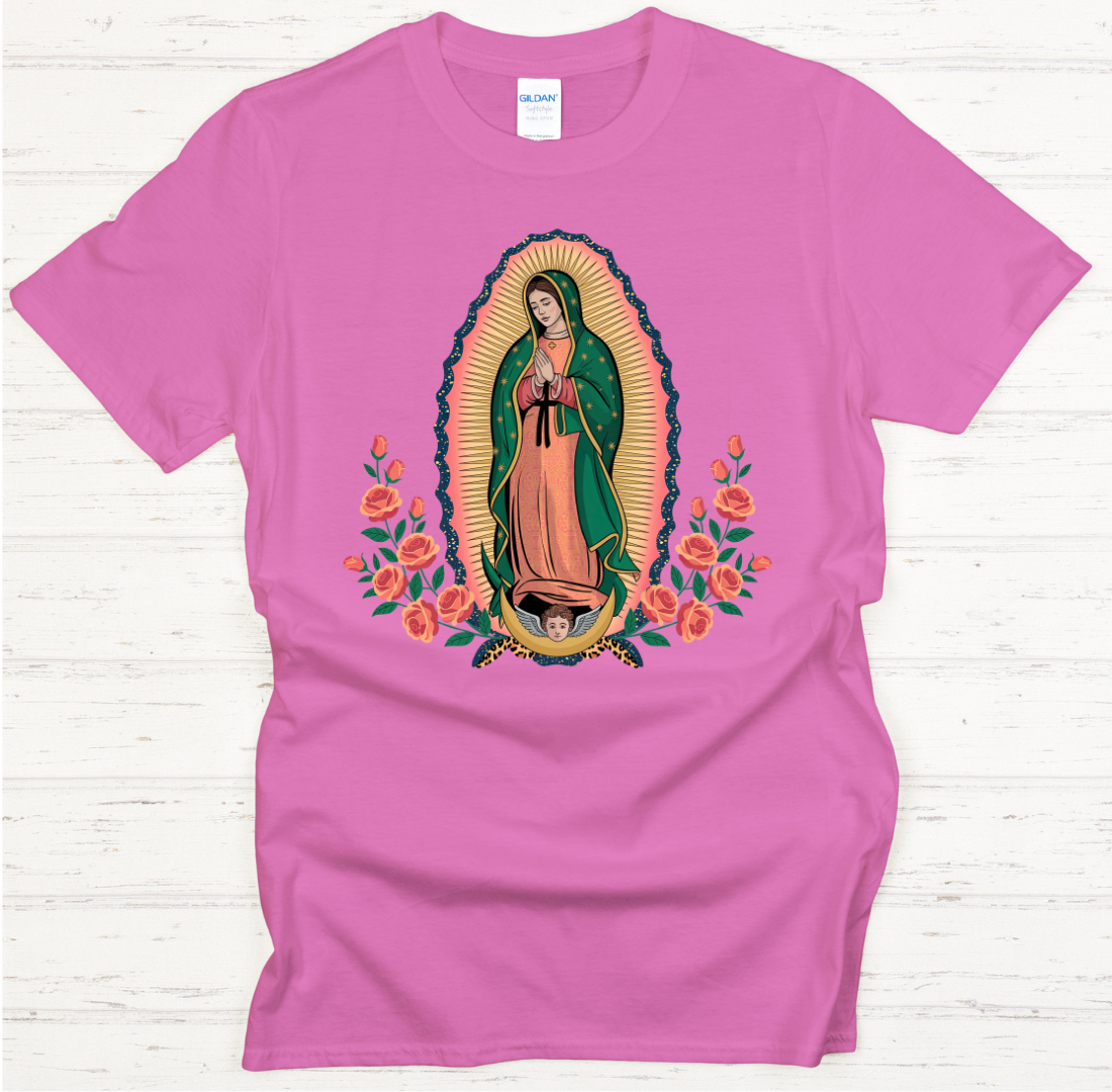 Our Lady of Guadalupe Floral Catholic Graphic Shirt on Gildan Softstyle Tee