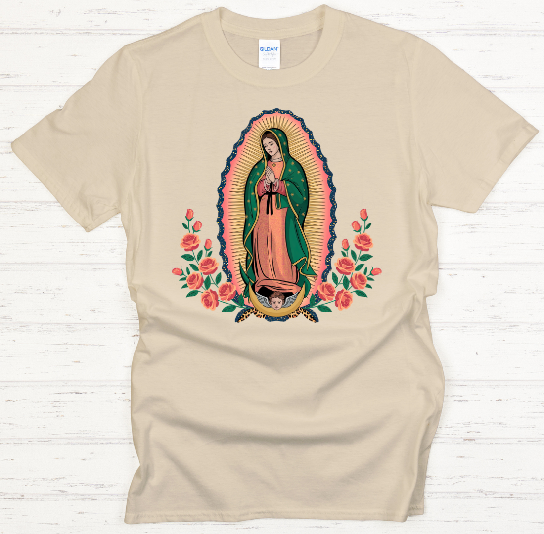 Our Lady of Guadalupe Floral Catholic Graphic Shirt on Gildan Softstyle Tee