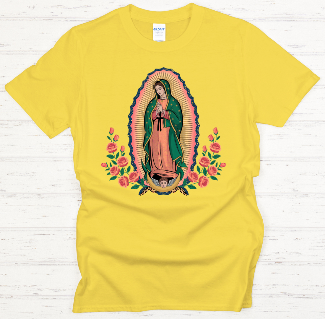 Our Lady of Guadalupe Floral Catholic Graphic Shirt on Gildan Softstyle Tee