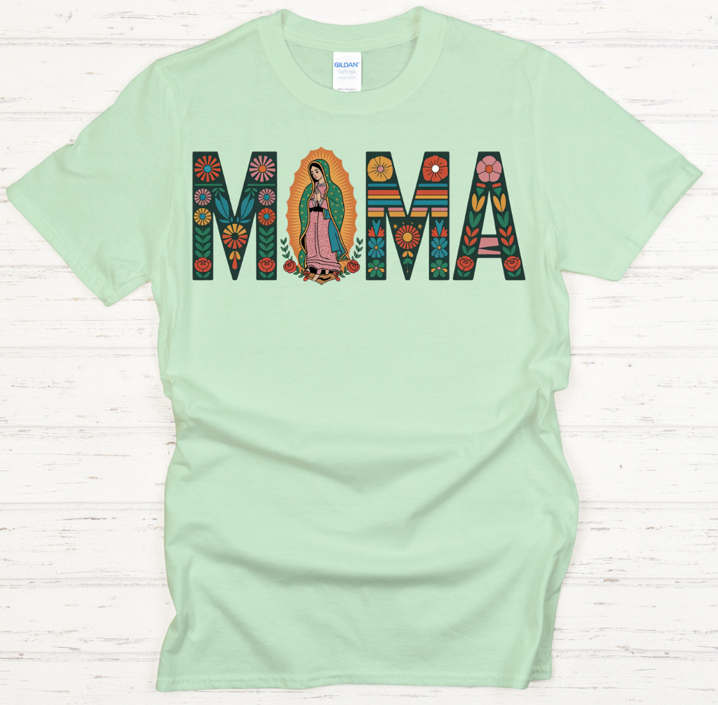 Our Lady of Guadalupe Mama Floral Faith Shirt on Gildan Softstyle Tee