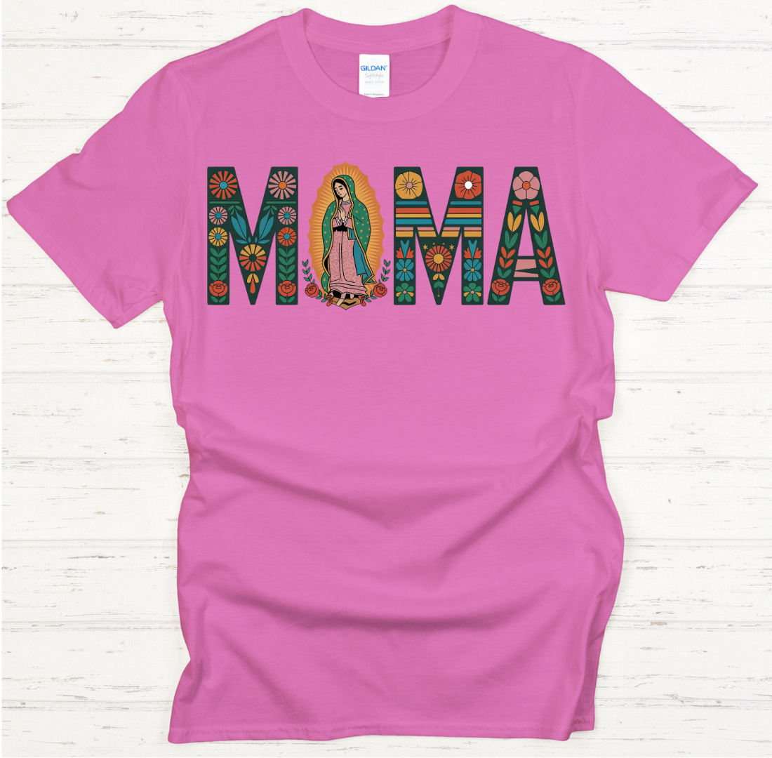 Our Lady of Guadalupe Mama Floral Faith Shirt on Gildan Softstyle Tee