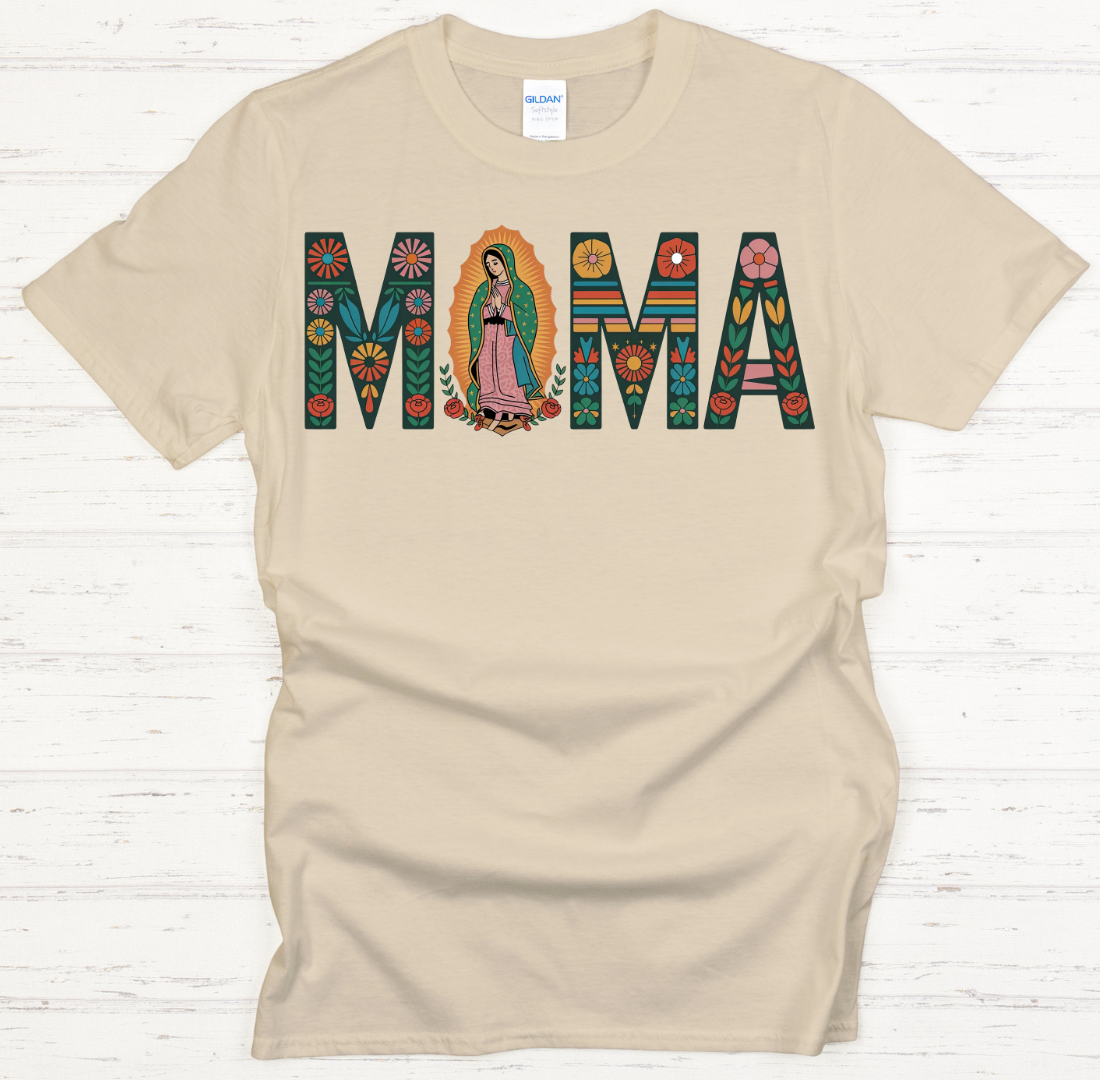 Our Lady of Guadalupe Mama Floral Faith Shirt on Gildan Softstyle Tee