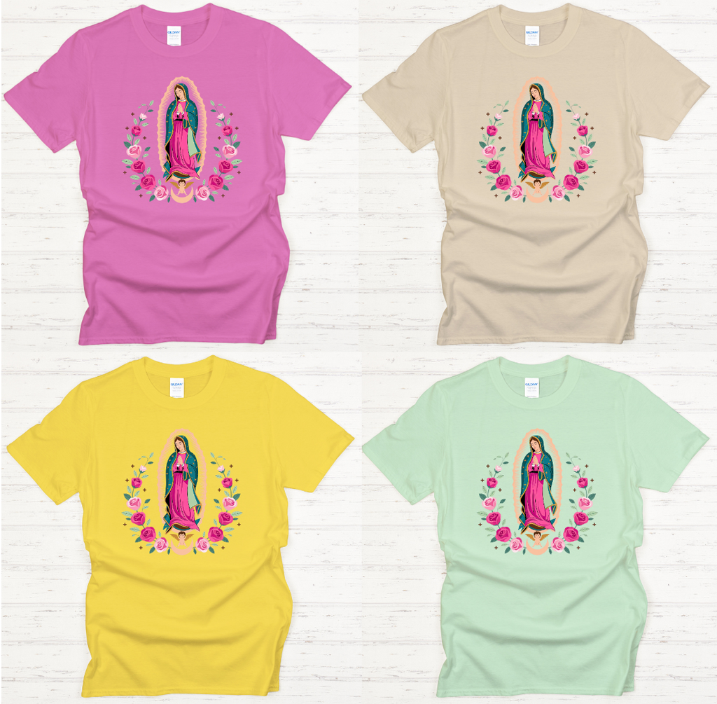 Our Lady of Guadalupe Pink Roses Catholic Shirt on Gildan Softstyle Tee