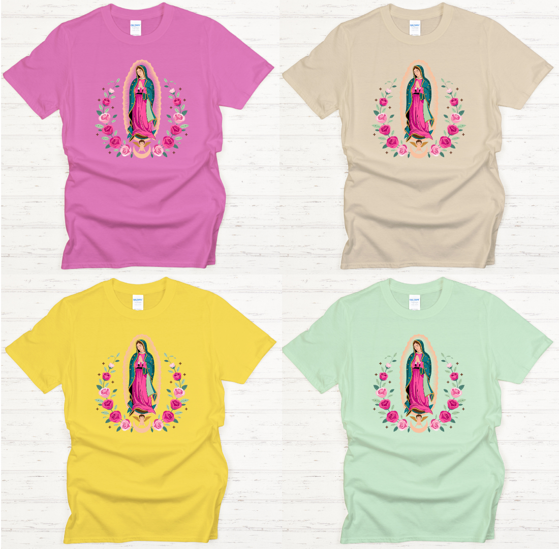 Our Lady of Guadalupe Pink Roses Catholic Shirt on Gildan Softstyle Tee