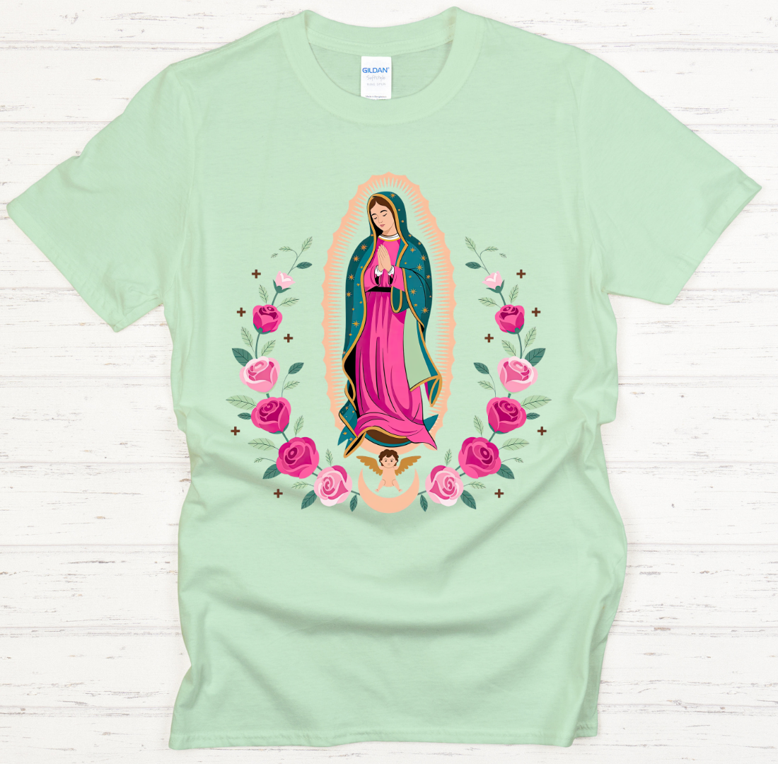 Our Lady of Guadalupe Pink Roses Catholic Shirt on Gildan Softstyle Tee