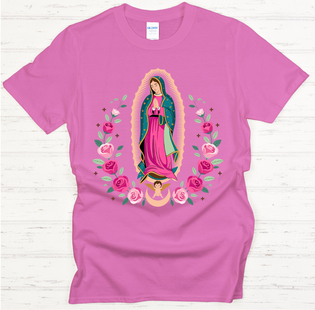 Our Lady of Guadalupe Pink Roses Catholic Shirt on Gildan Softstyle Tee