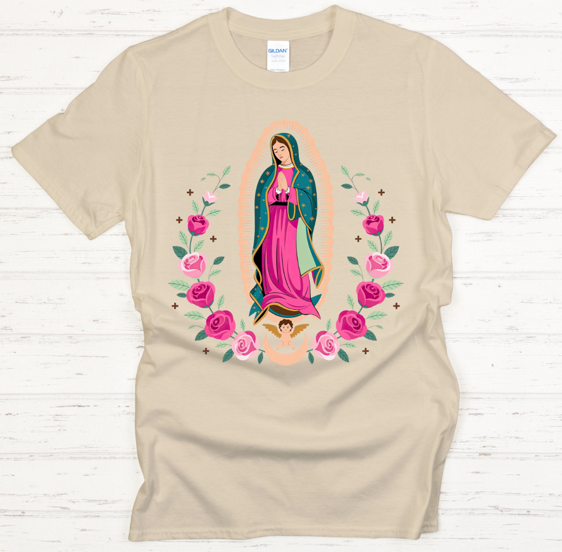 Our Lady of Guadalupe Pink Roses Catholic Shirt on Gildan Softstyle Tee