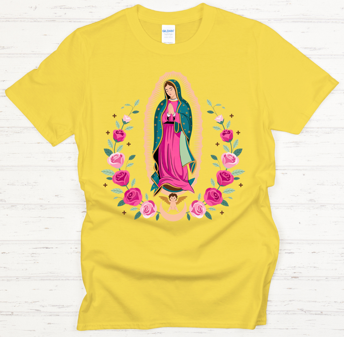 Our Lady of Guadalupe Pink Roses Catholic Shirt on Gildan Softstyle Tee