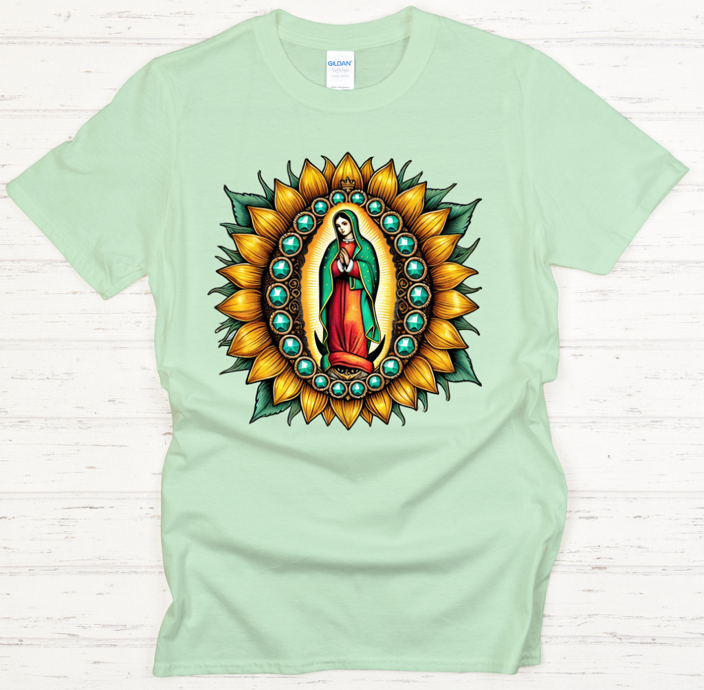Our Lady of Guadalupe Sunflower Catholic Shirt on Gildan Softstyle Tee