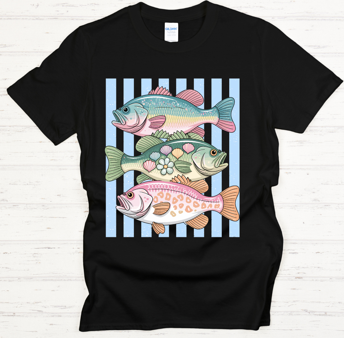 Pastel Fish Striped Fishing Graphic Shirt on Gildan Softstyle Tee