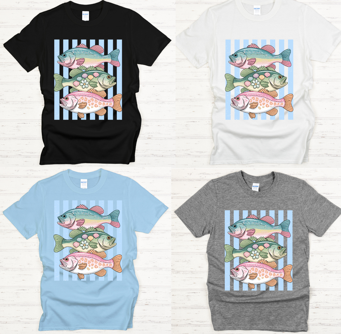 Pastel Fish Striped Fishing Graphic Shirt on Gildan Softstyle Tee