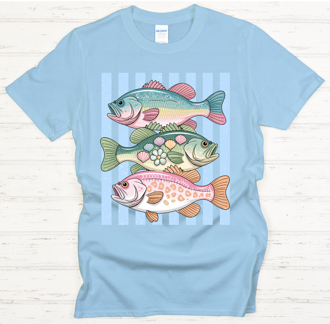Pastel Fish Striped Fishing Graphic Shirt on Gildan Softstyle Tee