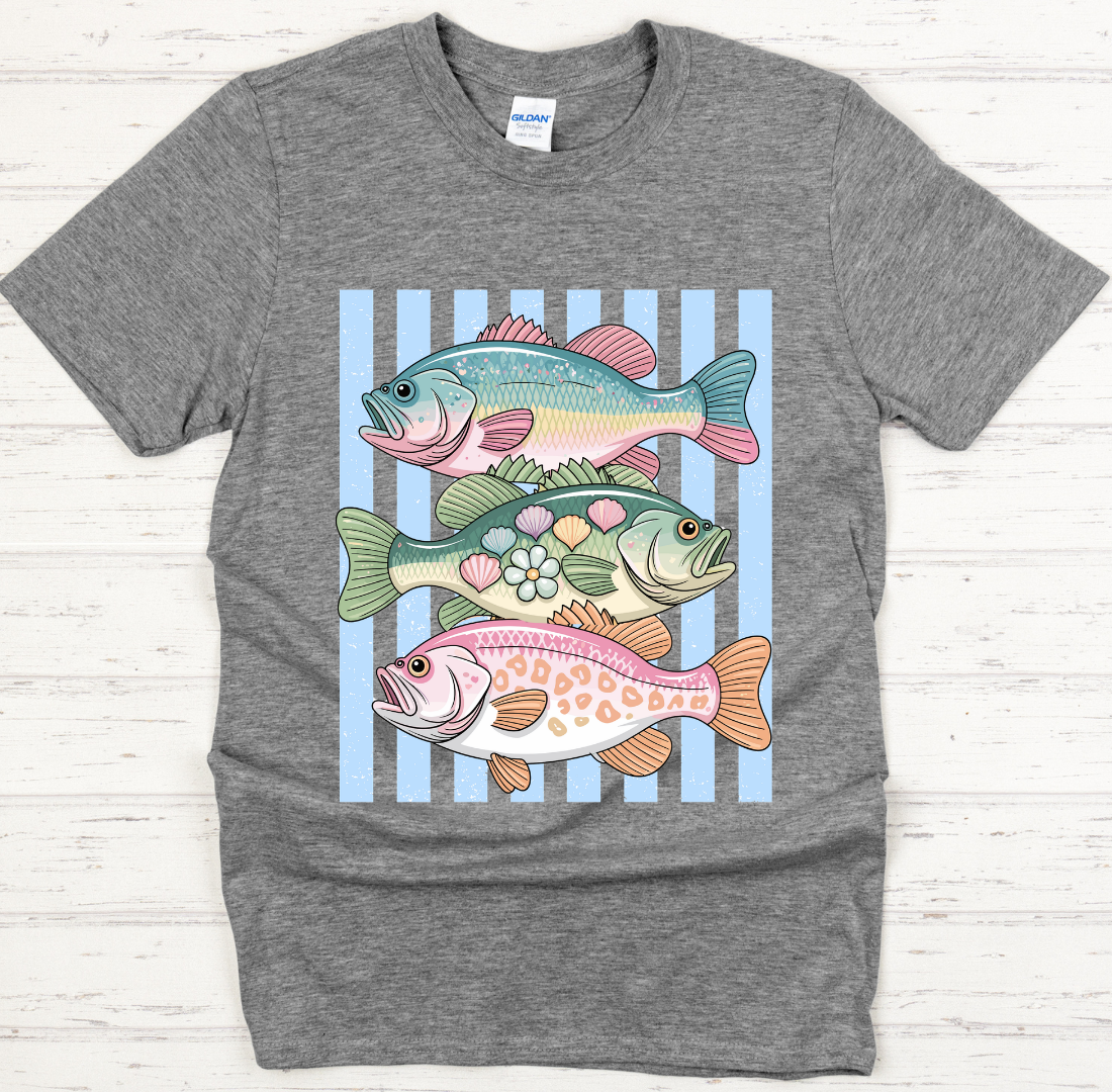 Pastel Fish Striped Fishing Graphic Shirt on Gildan Softstyle Tee
