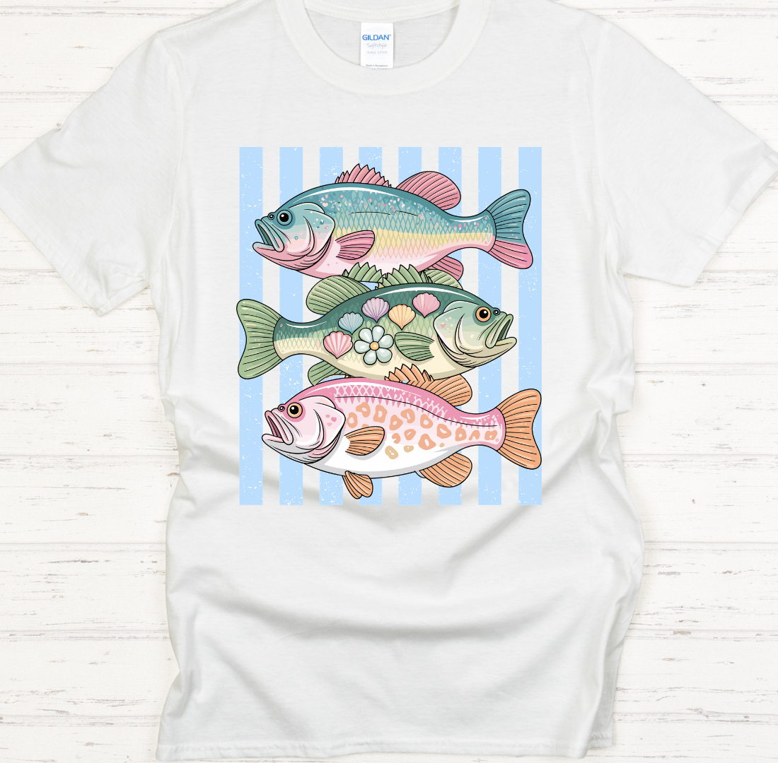 Pastel Fish Striped Fishing Graphic Shirt on Gildan Softstyle Tee