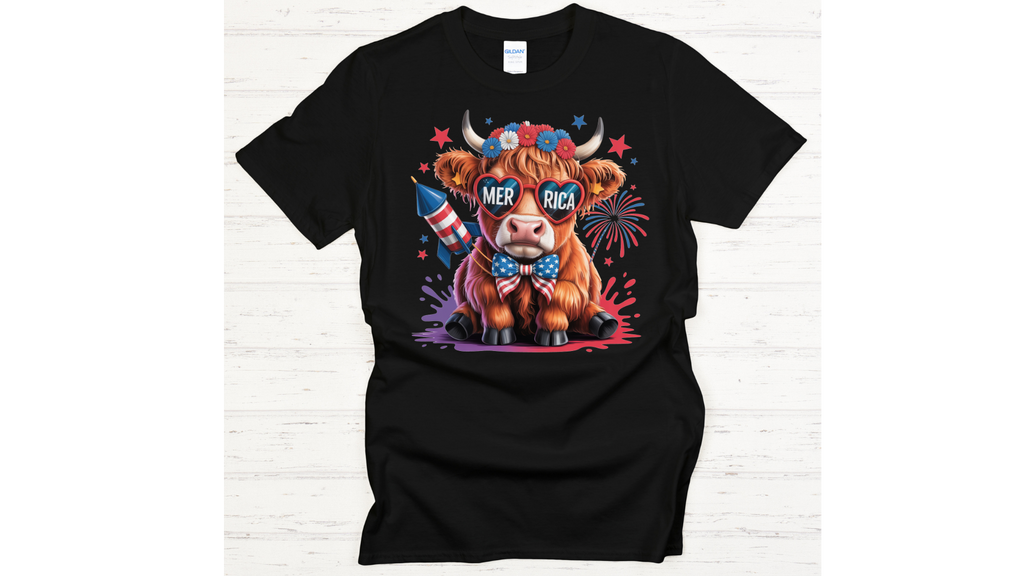 Patriotic Highland Cow Graphic Shirt on Gildan Softstyle Tee