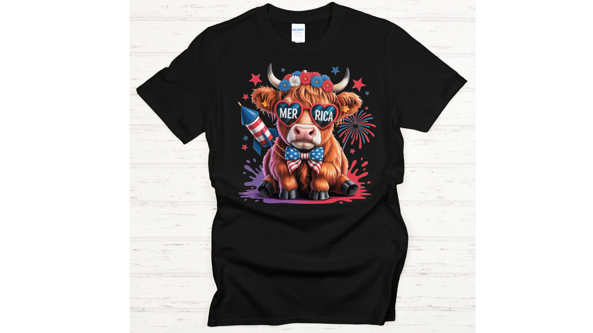 Patriotic Highland Cow Graphic Shirt on Gildan Softstyle Tee