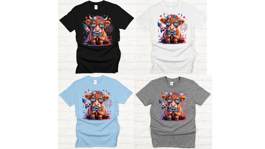 Patriotic Highland Cow Graphic Shirt on Gildan Softstyle Tee