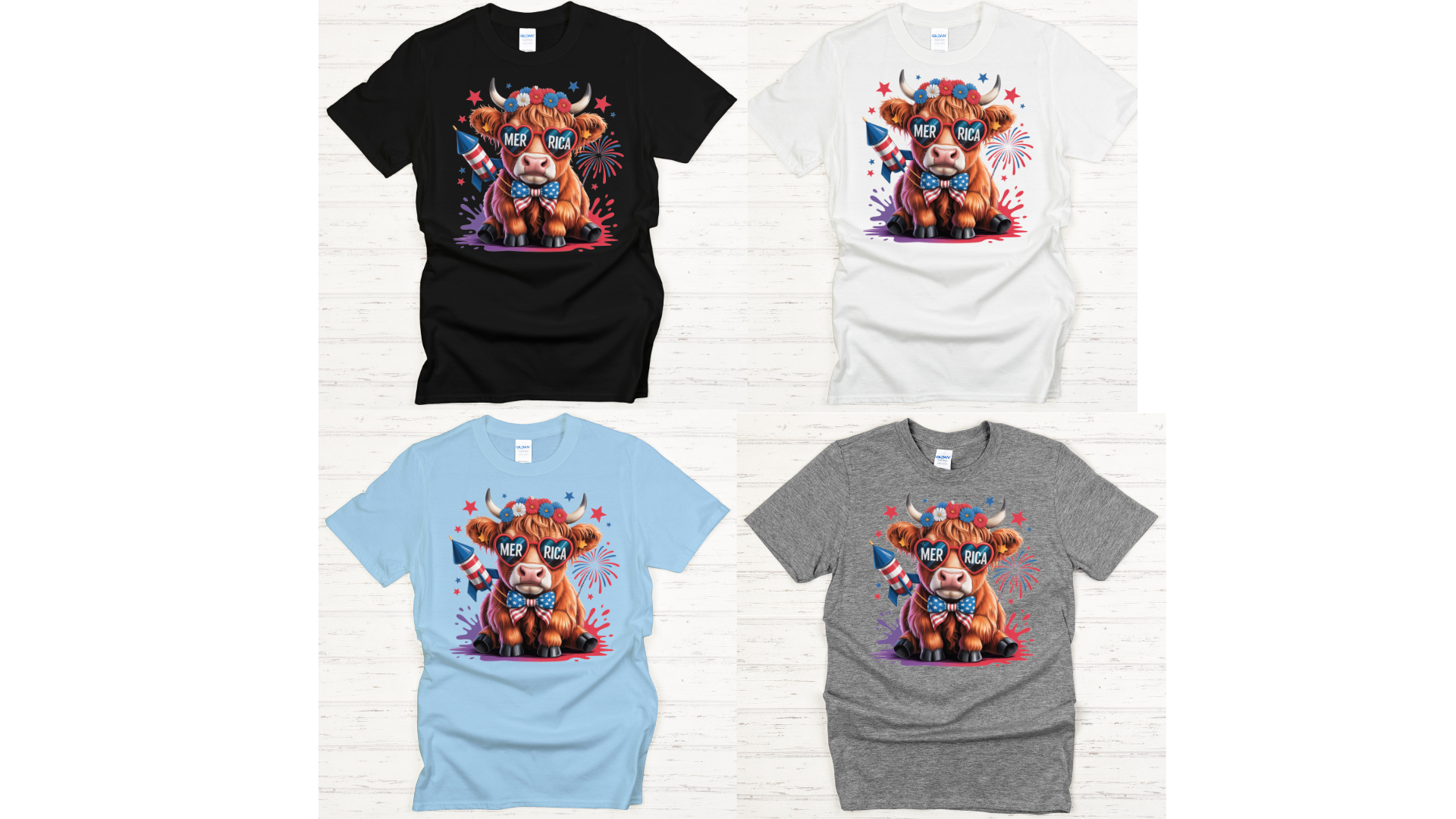Patriotic Highland Cow Graphic Shirt on Gildan Softstyle Tee