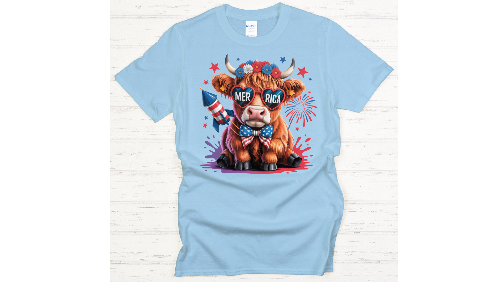 Patriotic Highland Cow Graphic Shirt on Gildan Softstyle Tee