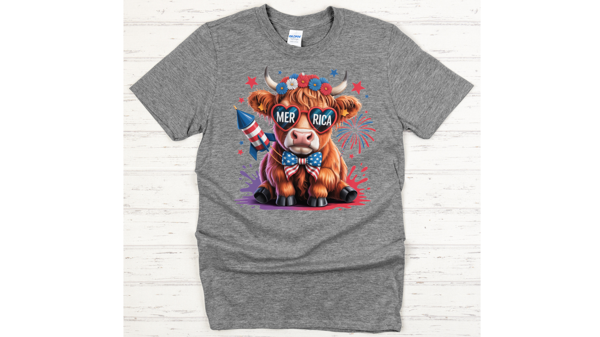 Patriotic Highland Cow Graphic Shirt on Gildan Softstyle Tee