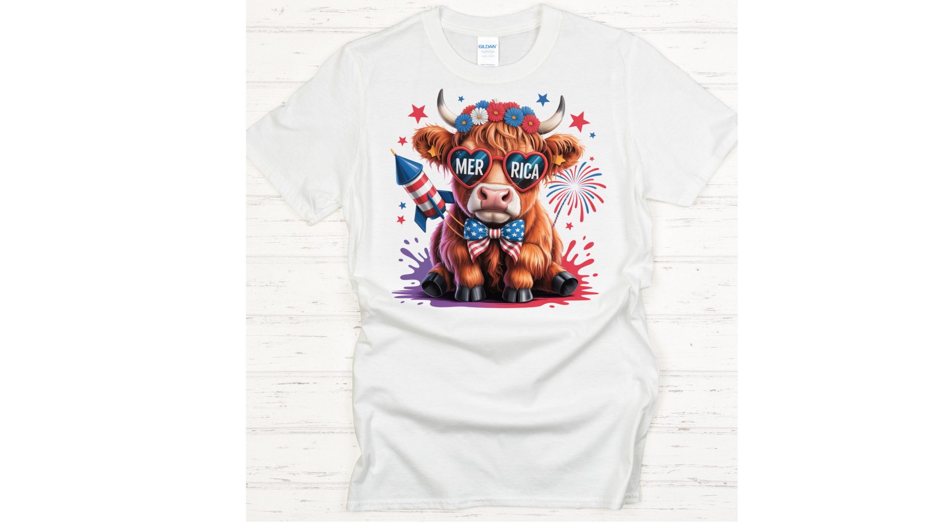 Patriotic Highland Cow Graphic Shirt on Gildan Softstyle Tee
