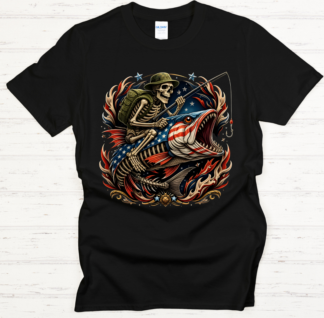 Patriotic Skeleton Fishing American Angler Shirt on Gildan Softstyle Tee