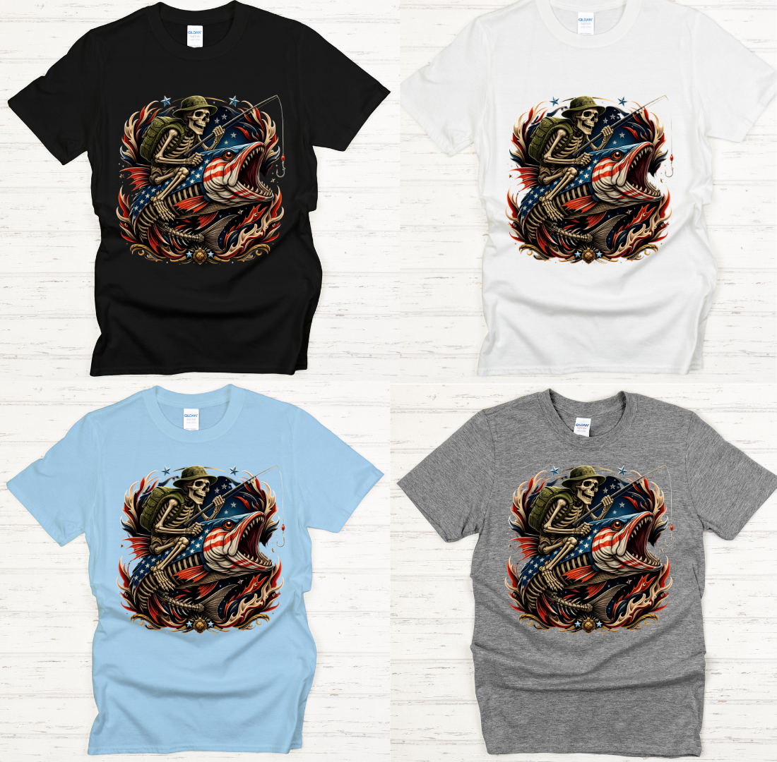 Patriotic Skeleton Fishing American Angler Shirt on Gildan Softstyle Tee