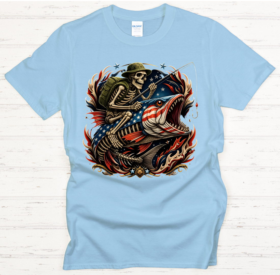 Patriotic Skeleton Fishing American Angler Shirt on Gildan Softstyle Tee